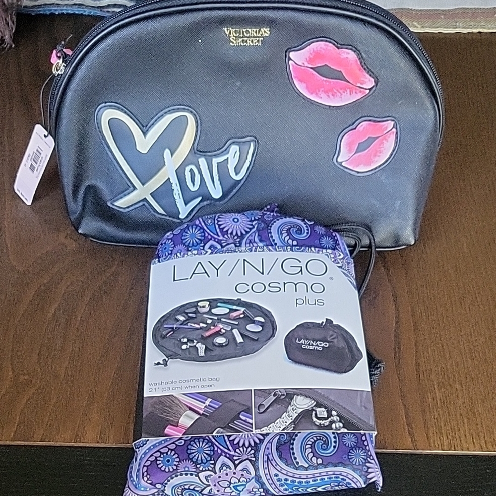 Victoria's Secret Black Cosmetic Bag  Love Design & Lay/N /Go Cosmo Cosmetic Bag